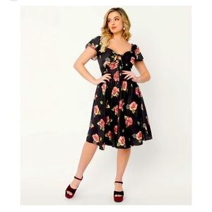 Unique Vintage Black & Pink Floral Roses Sweetheart Ellias Swing Dress XL